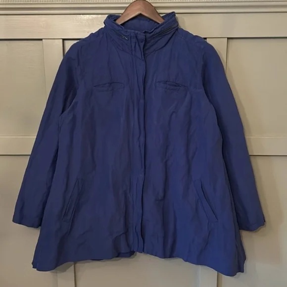 Eileen Fisher Metallic Blue A-Line Jacket Coat Stow Hood Full Zip Size Large - Picture 4 of 10